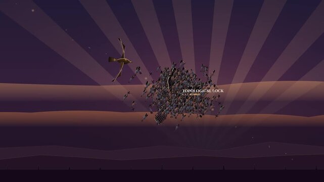Educational 2D animation explaining the physics and biology of a starling murmuration, detailing concepts like topological lock, fluid cohesion, and evasion maneuvers against a golden eagle predator
