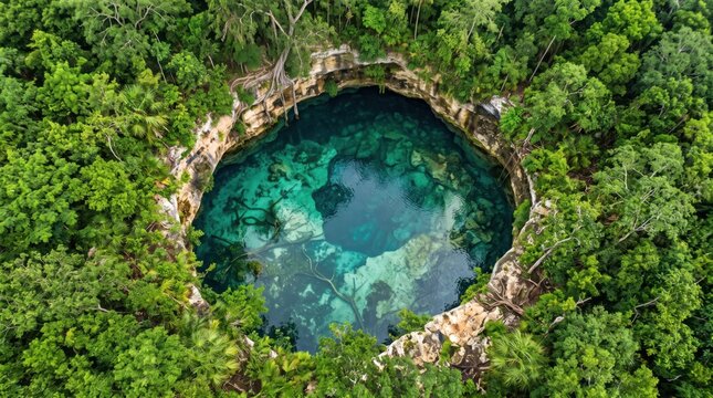 Aerial view of a circular cenote with turquoise water surrounded by a dense green tropical jungle, limestone rock formations visible beneath the clear water surface in mexico