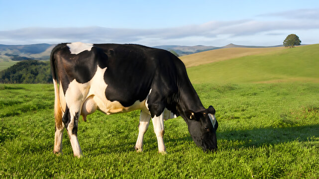 Black and white Holstein cow grazing in a lush green pasture with rolling hills in the background
