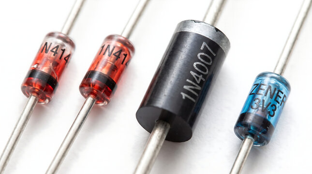 Various electronic diode components including 1N4148 and 1N4007 rectifiers on white background
