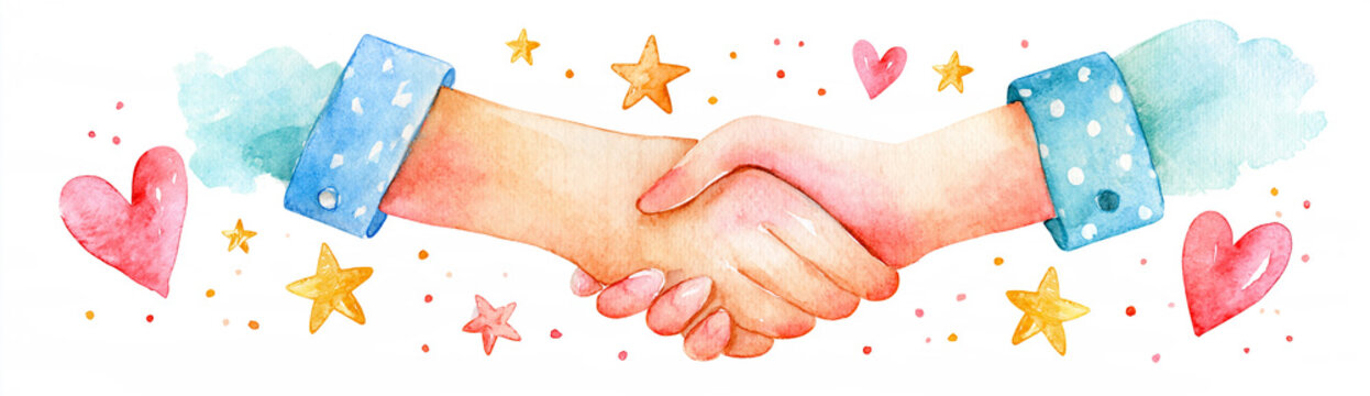 Two hands shaking in agreement, surrounded by hearts and stars, painted in a cheerful watercolor style.
