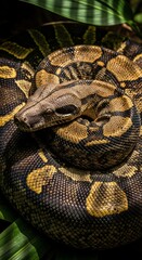 Fototapeta premium Serpentine Majesty: Earthy Tones & Lush Foliage of a Coiled Reptile