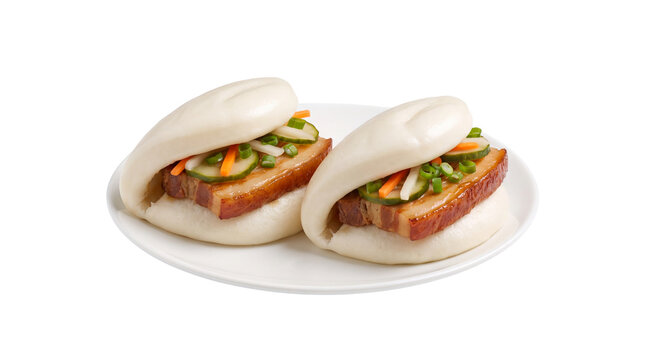 Pork belly bao buns with pickled vegetables, steamed gua bao sliders on white plate, traditional asian street food appetizer isolated on white background