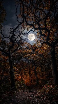 Magical forest trail illuminated by the moonlight with vibrant autumn foliage and gnarled tree branches