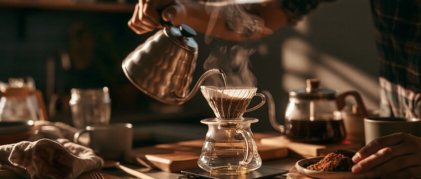 Beginner coffee brewing adult learner slowly pours hot water into filter coffee maker