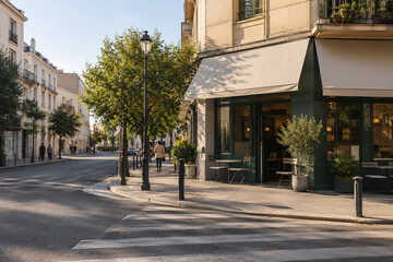 Fototapeta premium Quiet European Street Corner Cafe in Afternoon Light