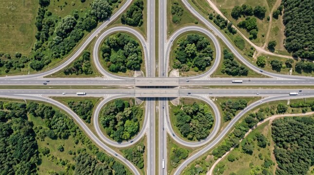 Aerial view of a cloverleaf highway interchange with intersecting asphalt roads, surrounded by green forest trees and grassy fields under daylight