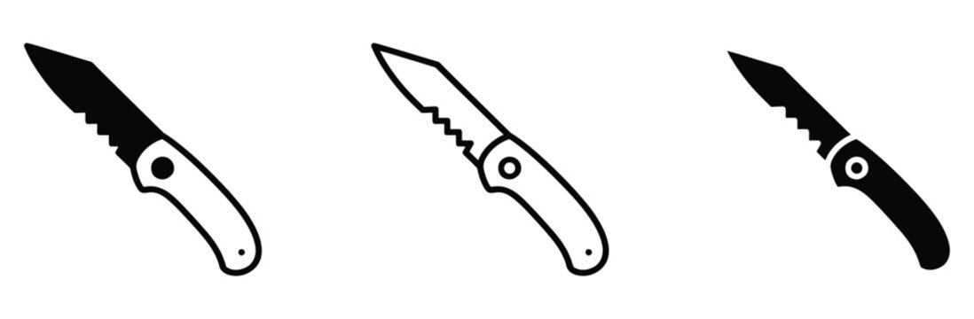WebPocket knife serrated blade vector icon set. Tactical folding knife, survival hunting equipment, edc multi tool symbol for outdoor camp design. Vector illustration.