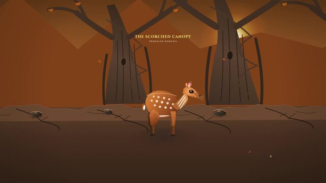 2D animation of a lesser mouse-deer Tragulus kanchil surviving a drought and finding an oasis to feast with a hornbill and Malayan tapir as the scorched forest transforms into a lush environment