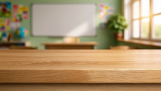 Desk surface on a wooden table in a blurred school classroom interior background