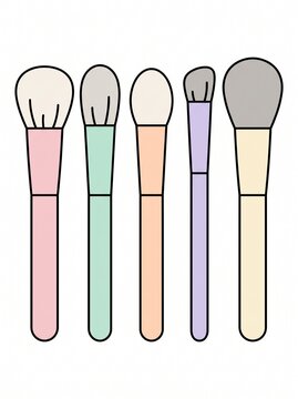 Minimalist 2D vector illustration of a pastel makeup brush set, cosmetic tools isolated on white