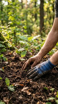 Person planting a young tree in a forest environment to promote sustainability and reforestation efforts