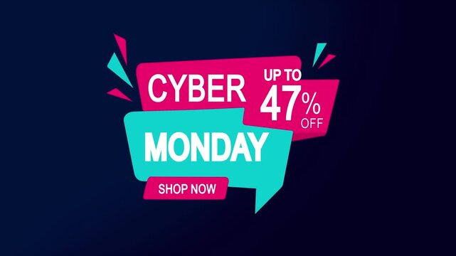 Cyber monday sale motion template with 47% off discount badge and shop now button for e-commerce marketing