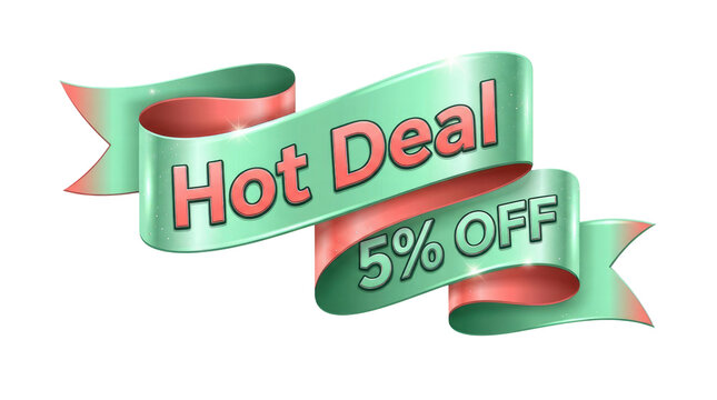 Hot Deal 5 percent off text on a decorative green ribbon banner isolated on a white background