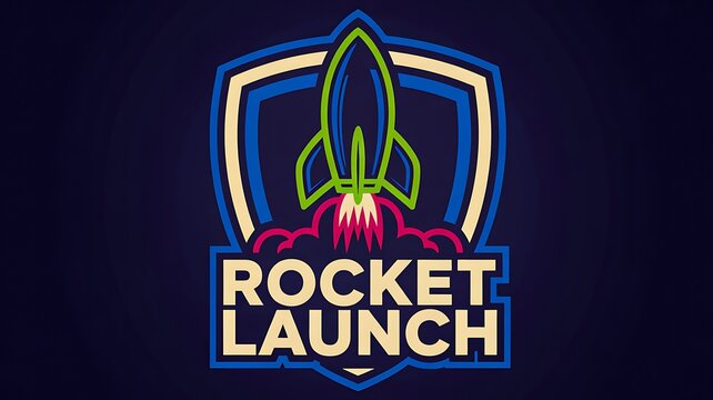 Colorful rocket launch emblem with bold typography on a dark futuristic background