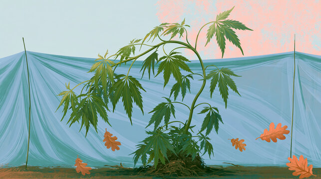 Bent Cannabis Plant with a Blue Garden Windbreak in Autumn