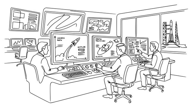 Mission Control Engineers Monitor Rocket Launch and Orbital Trajectory on Screens