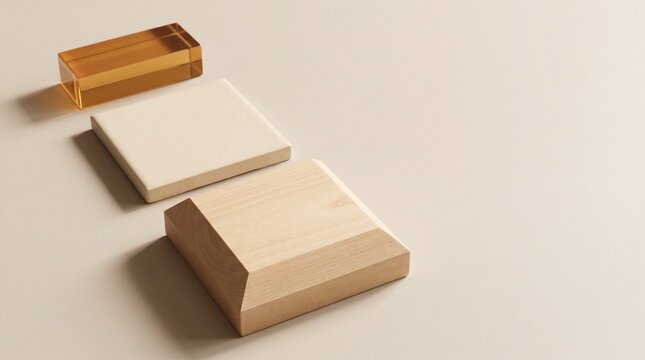 Minimalist geometric objects arranged in progressive sizes and materials including wood and acrylic