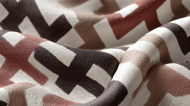 Close-up fabric mockup with interwoven yarns, abstract geometric tile motifs, high-resolution jacquard texture, realistic shading and depth for textile design presentation