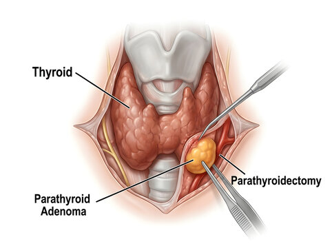 Parathyroidectomy showing thyroid and parathyroid adenoma removal isolated on transparent background