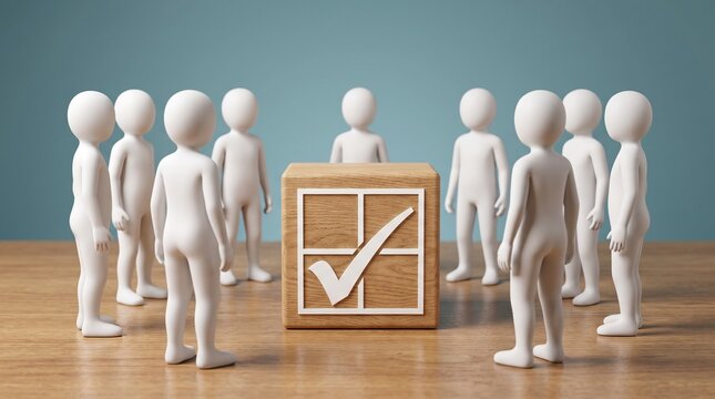 White 3D figures standing in a circle around a wooden block with checkmark symbol representing voting decision making and consensus concept
