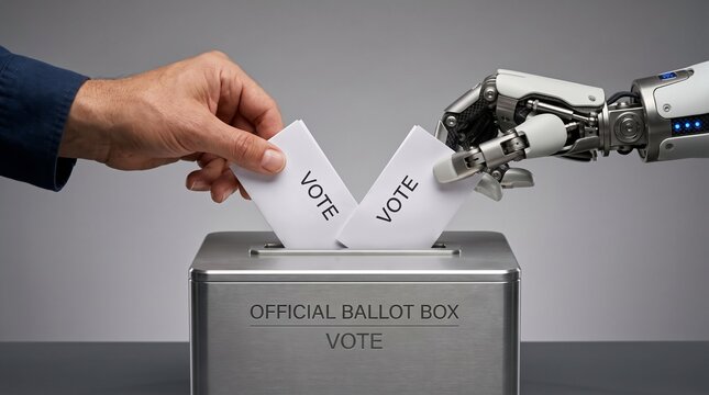 Human hand and robotic cyborg hand casting vote ballots together into official metallic ballot box representing artificial intelligence in future elections and democracy
