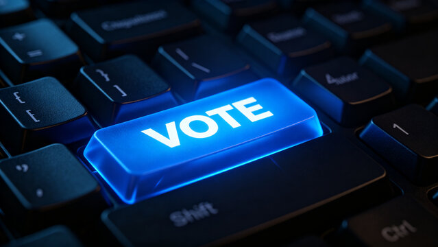 Illuminated blue vote key glowing on a dark computer keyboard representing online election and digital voting concept