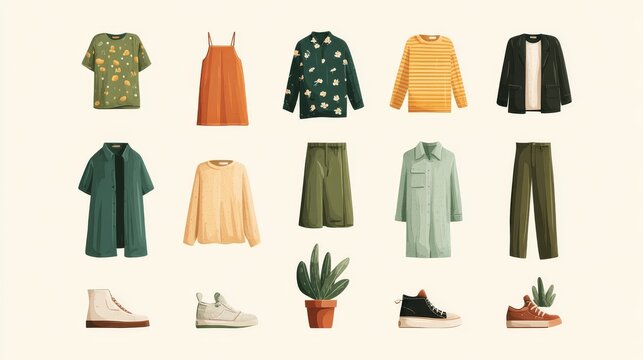 Trendy fashion flat design pack, seasonal wardrobe essentials for both genders, detailed yet minimal vector style, harmonious composition and spacing