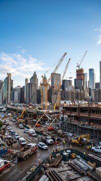 Vibrant construction site in a busy city featuring cranes and a stunning skyline