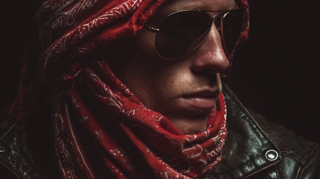Biker fashion portrait with a realistic red bandanna worn as a neck shawl, combined with leather jacket and aviator sunglasses, moody dark background
