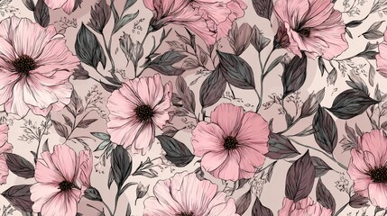 Fototapeta premium Soft pastel seamless pattern of hand-drawn delicate flowers and leaves, fine black outlines and watercolor fills, minimal background