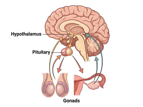 Human endocrine system showing hypothalamus, pituitary, and gonads interaction isolated on transparent background
