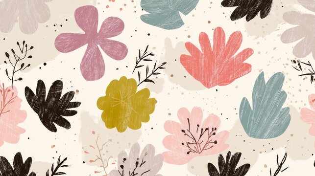Minimal seamless botanical print with playful flower shapes and organic leaf forms, airy layout and subtle color tones