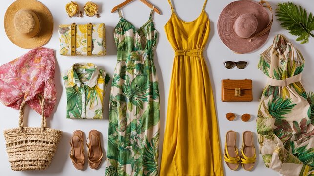 Flat lay of vibrant summer dresses, straw hat, sunglasses, sandals, and woven handbag arranged on white background, tropical holiday vibe