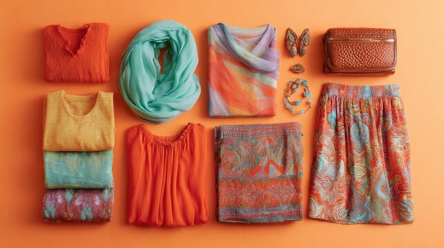 Top view composition of colorful summer tops, lightweight scarves, and bright patterned skirts with accessories neatly arranged