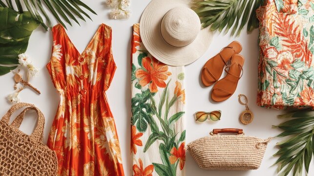 Flat lay of vibrant summer dresses, straw hat, sunglasses, sandals, and woven handbag arranged on white background, tropical holiday vibe