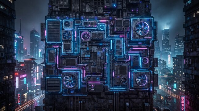 Modular Cyberpunk Ventilation Units on Futuristic City Building with Neon Blue Pink Purple Architecture