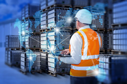 Global logistics, warehouse specialist monitors international cargo inventory and supply chain operations using digital tracking technology.