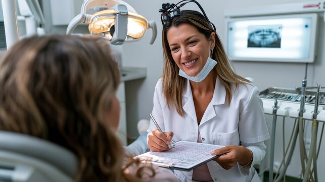 Female dentist smiling, talking to patient in dental clinic during a regular check-up