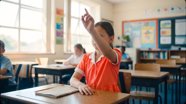 Schoolgirl raising her hand eagerly to answer a difficult question during class inside the bright classroom.