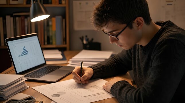 Concentrated young male student wearing glasses studying at wooden desk with laptop displaying charts and graphs while writing handwritten notes during evening homework session