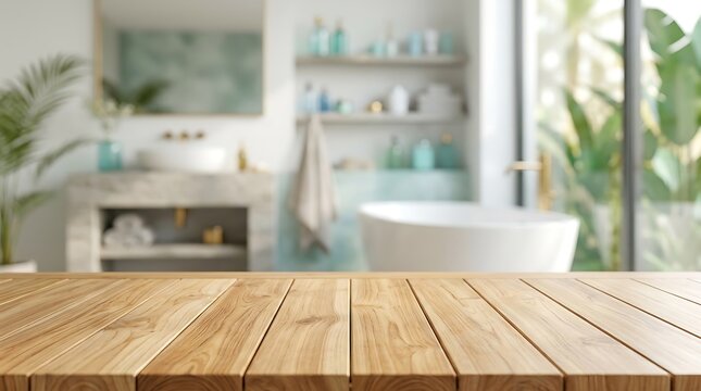 Empty wooden table surface mockup in bright modern bathroom interior for luxury product display presentation template.