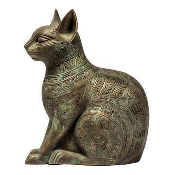 Ancient Egyptian bronze cat statue with intricate hieroglyphic patterns isolated on transparent background