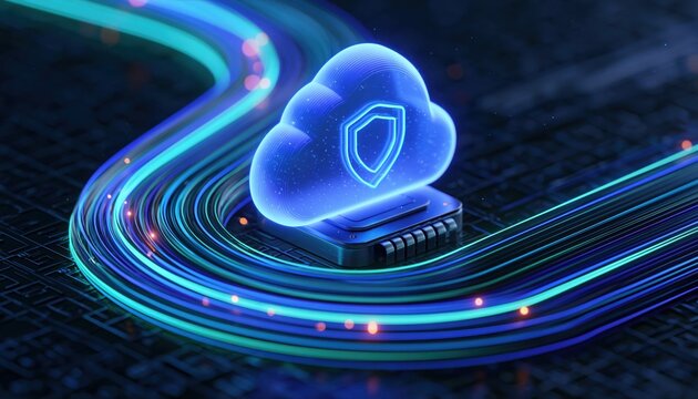 Cloud security concept with digital data network protection and abstract computing