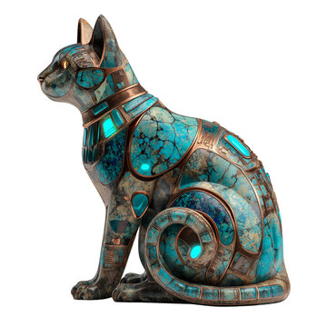 Ancient Egyptian cat statue with turquoise and gold mosaic design, isolated on transparent background