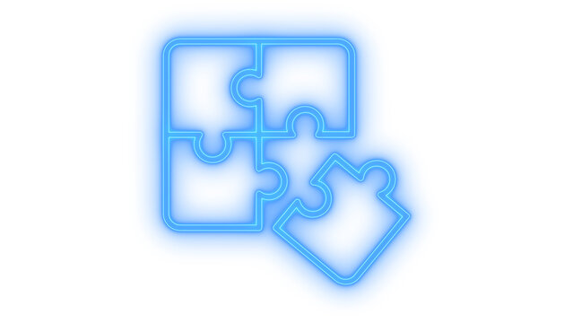 Colorful neon puzzle icon with four interlocking jigsaw pieces representing teamwork problem solving cooperation and connection isolated on transparent background