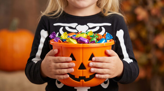 Trick treat holding basket with child costume. Horror halloween holiday celebration party. cute colourful costume, happy fun trick or treat candy bucket