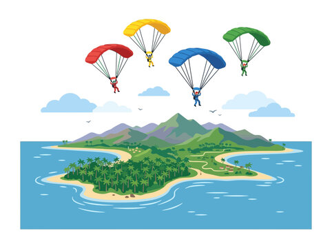 Parachutists Descend on Tropical Island