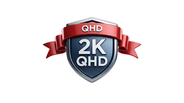 Qhd 2k resolution badge with red ribbon and metallic gradient shield design for digital media quality