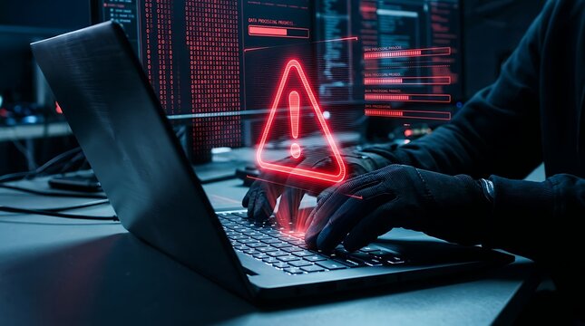 Cyber security concept, hacker in black gloves typing on laptop keyboard with red digital warning sign and binary code on screen